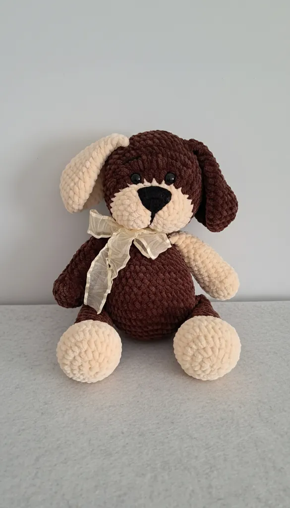 Kahverengi Örgü Kadife Köpek Oyuncak - 35 cm, El Emeği
