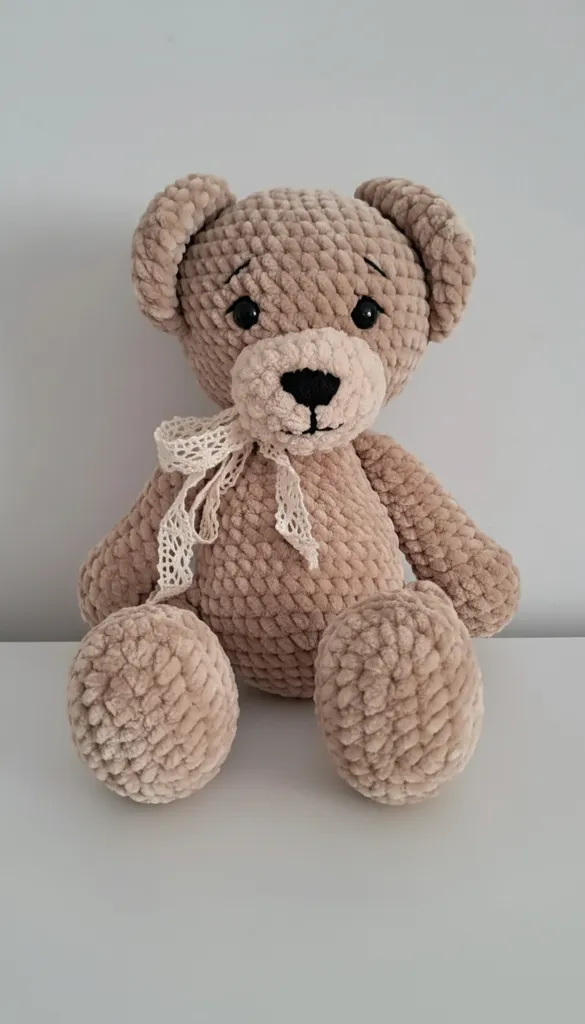 Bej Kadife Amigurumi Oyuncak Ayıcık - 35 cm Boyunda El Emeği