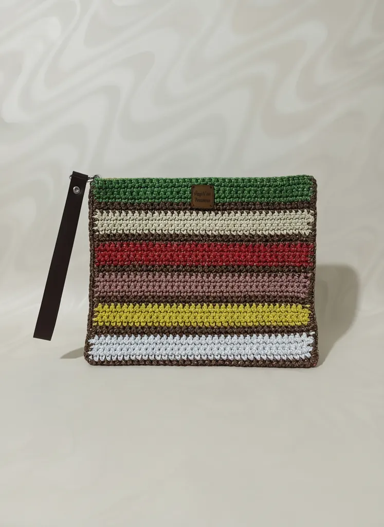 Şerit Desenli Simli Makrome Portföy Çanta - El Örgüsü Tasarım