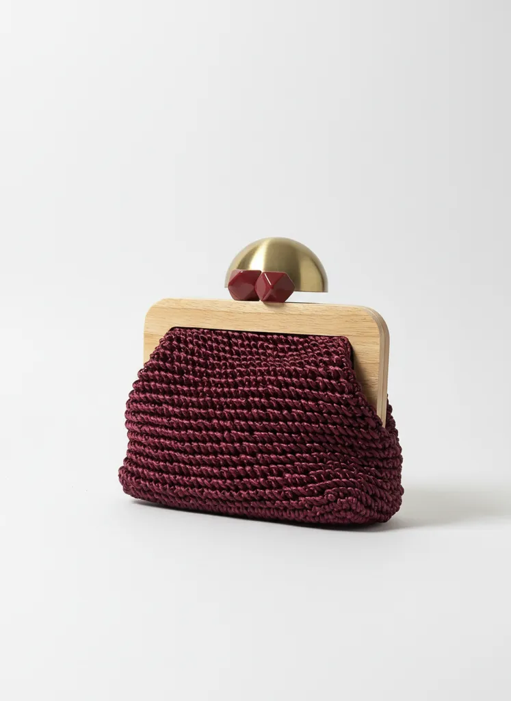 Bordo Renkli Makrome El Burslu Ahşap Çerçeveli Şık Çanta