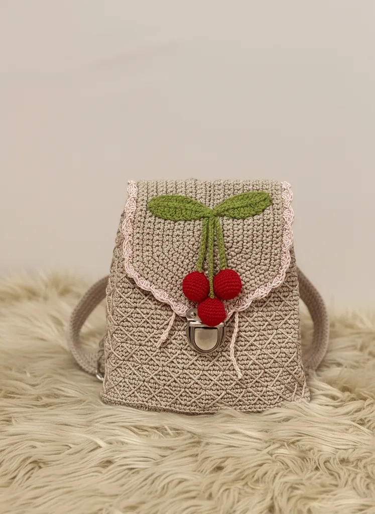 Makrome Örgü Bebek Sırt Çantası - Kiraz Detaylı, El Emeği