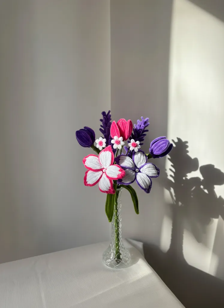 Şönil Fuşya, Mor ve Beyaz Çiçek Buketi Cam Vazo İçinde - El Emeği