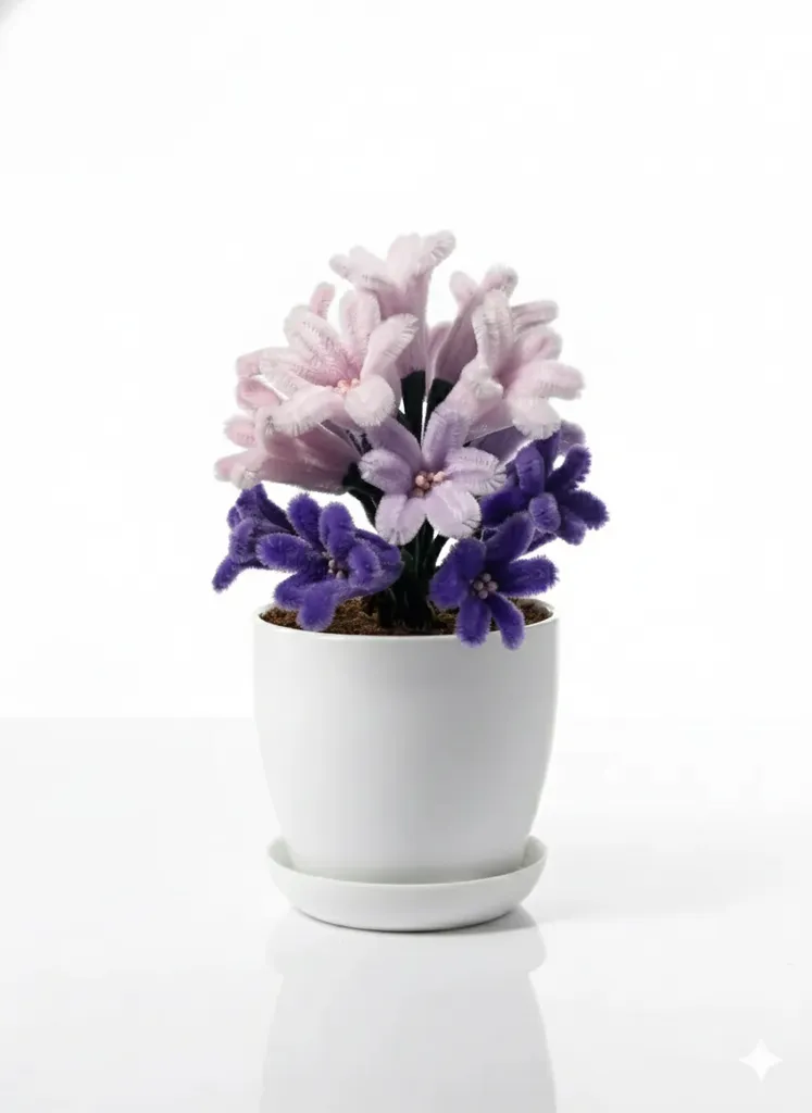 Şönil İpten Mor Pembe Sümbül Çiçeği Saksıda Dekoratif Ev Hediyesi