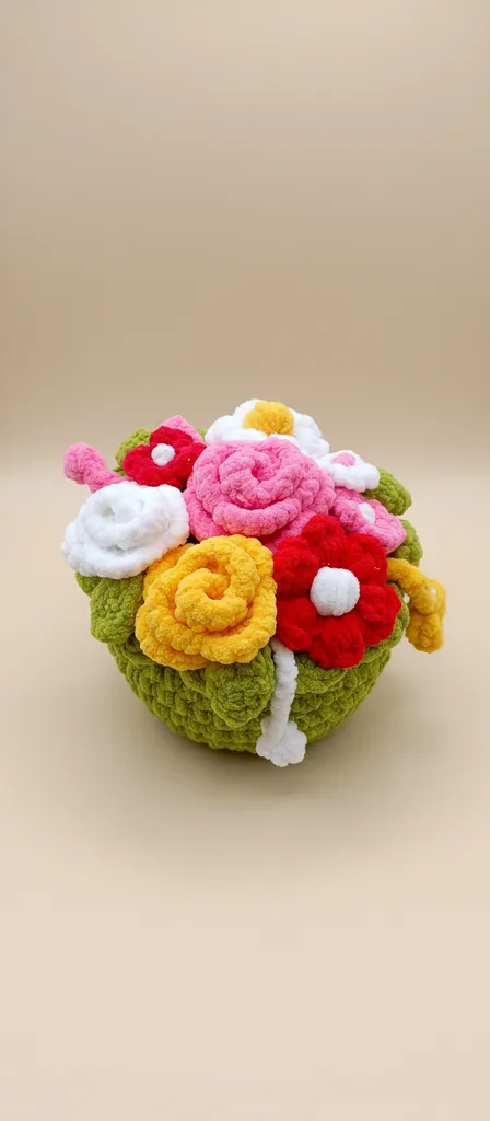 Örgü Rengarenk Çiçek Buketi Saksı Aranjmanı - El Emeği