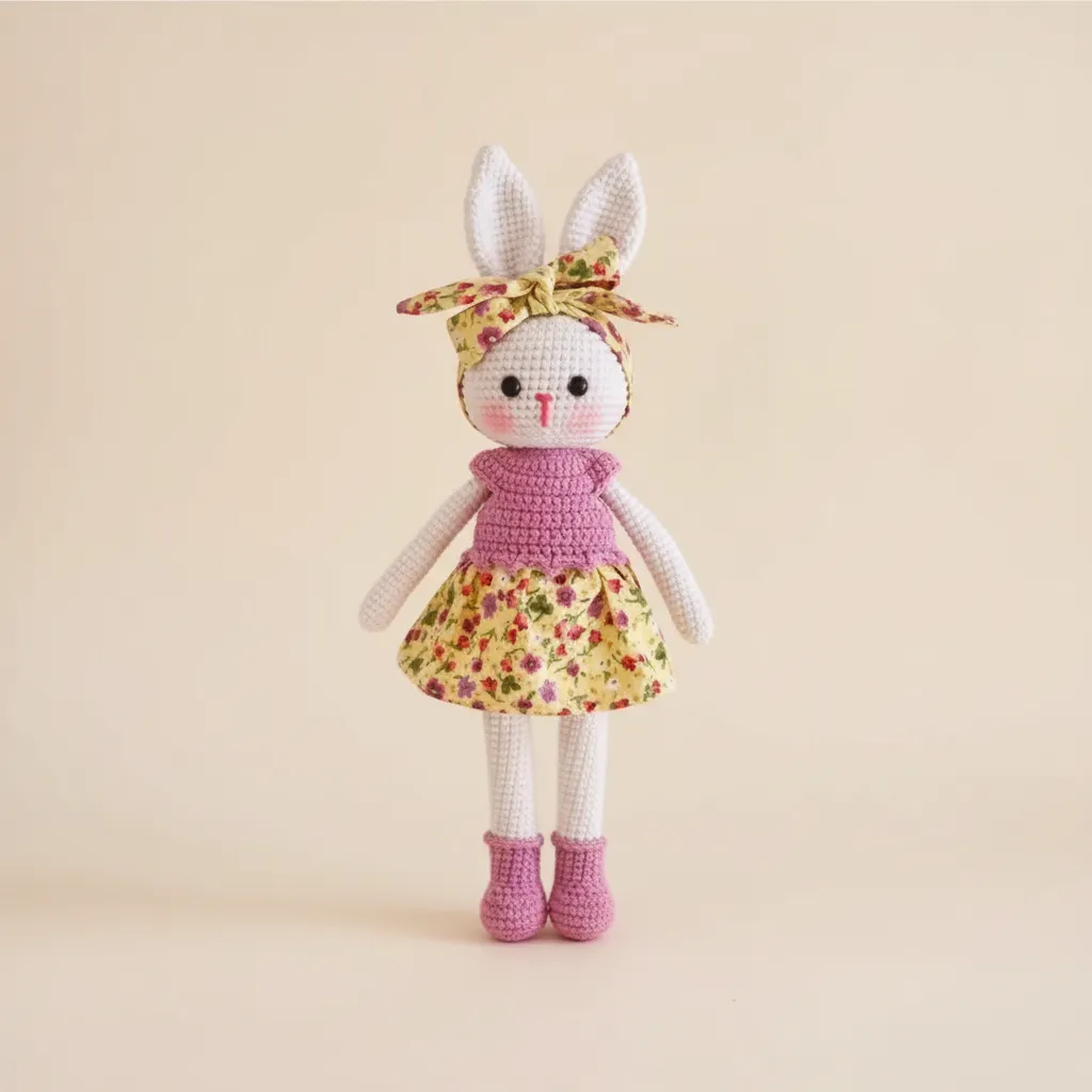 Lila Örgü Elbise ve Çiçekli Etekli Tavşan Oyuncak Bebek - El Emeği