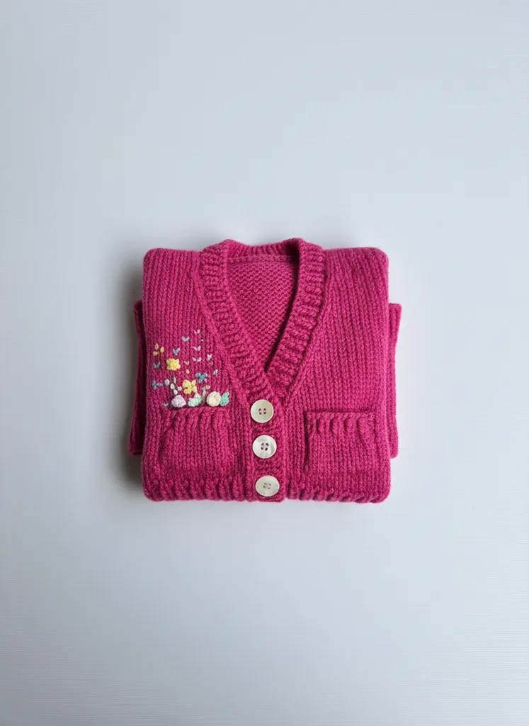 Pembe Bebek Hırka - Nakış Detaylı, Düğmeli, El Örgüsü