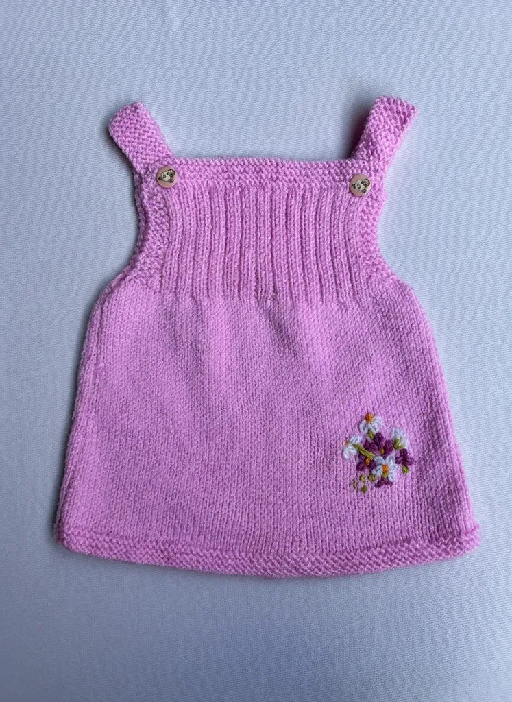 Pembe Örgü Kız Bebek Jile Elbise - Çiçek Desenli, El Emeği