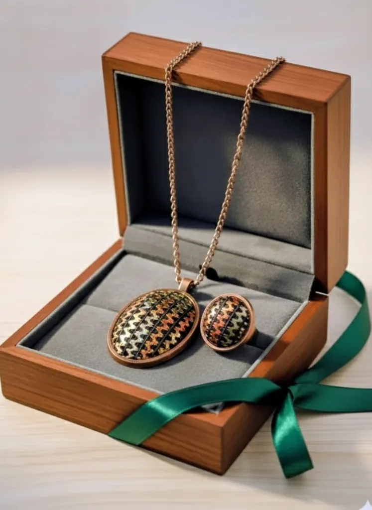 Tavuskuşu Desenli Tel Kırma Kolye Yüzük Takı Seti Ahşap Kutulu
