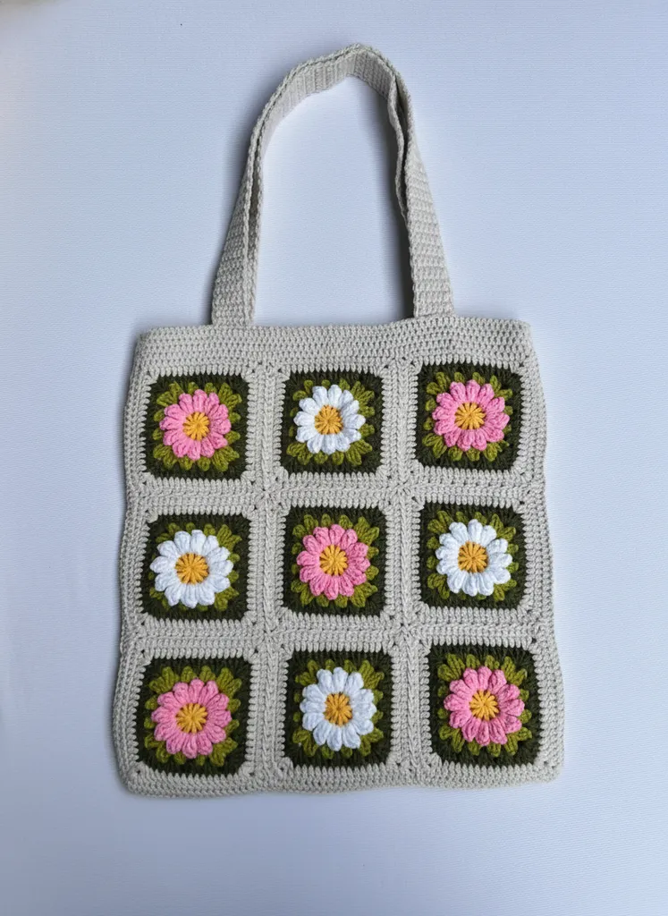 Koton İpten Örgü Çiçek Desenli Kare Motifli Omuz Çantası - El Emeği