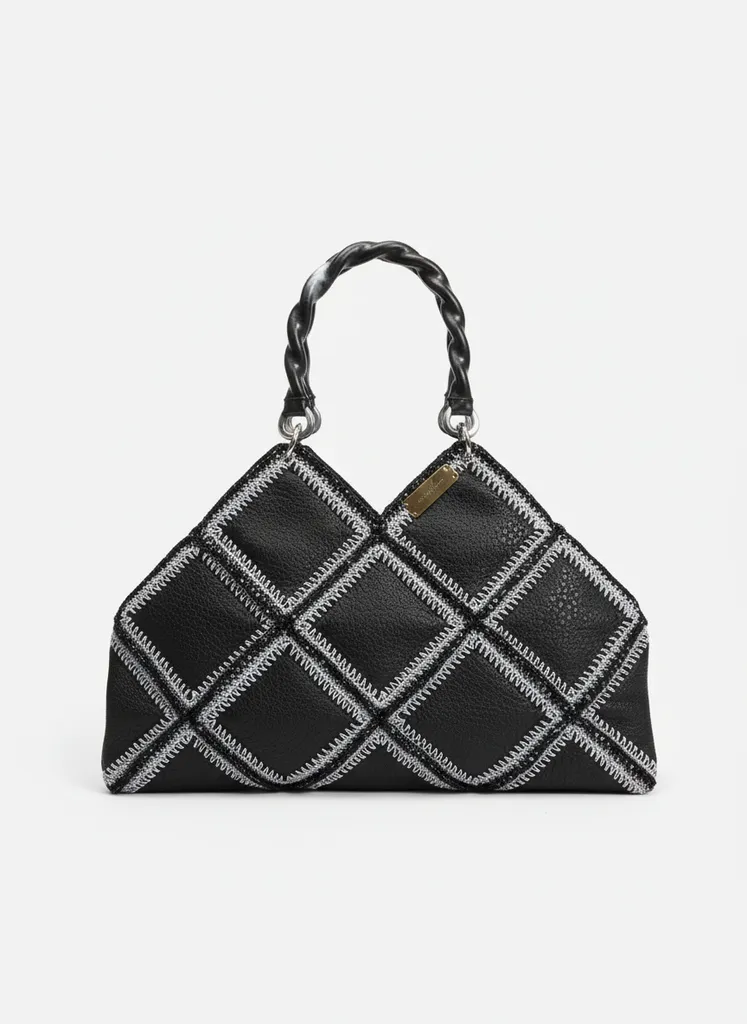 Siyah Suni Deri ve Gri Örgü Detaylı Puzzle Çanta - El Yapımı