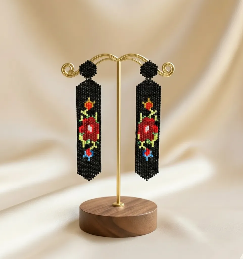 Miyuki Boncuk İşlemeli Siyah Çiçek Desenli Uzun Küpe - El Emeği