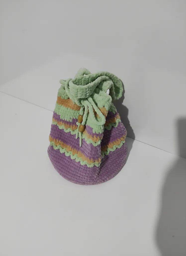 Mor ve Yeşil Renkli Kadife İp Çocuk Çantası - El Örgüsü
