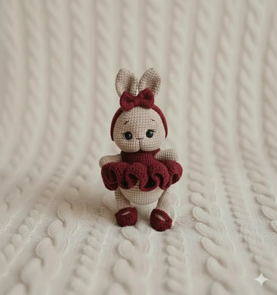 Bordo Elbiseli Amigurumi Tavşan Bebek Oyuncak - El Yapımı