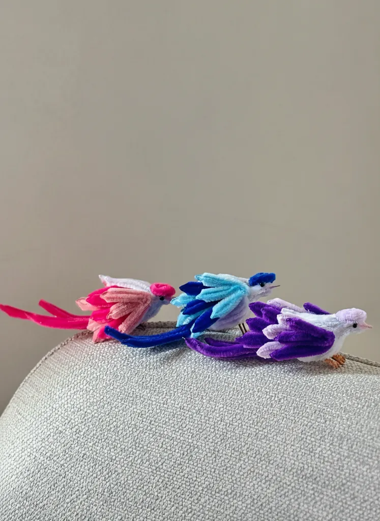 Şönil Telden Yapılmış 3'lü Pembe Mavi Mor Kuş Dekoratif Aksesuar