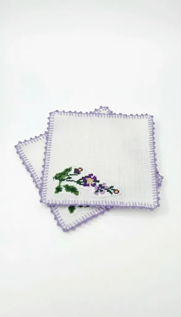 Beyaz Kumaş Fincan Altlığı Mor Çiçek Desenli - El İşlemesi