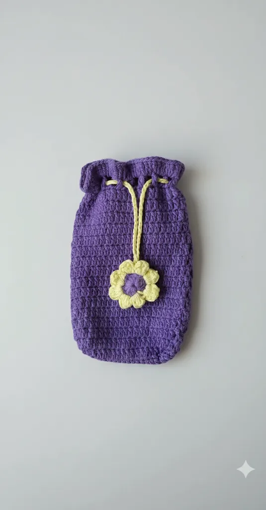 Mor Örgü Telefon, Takı ve Para Kesesi - Sarı Çiçek Detaylı