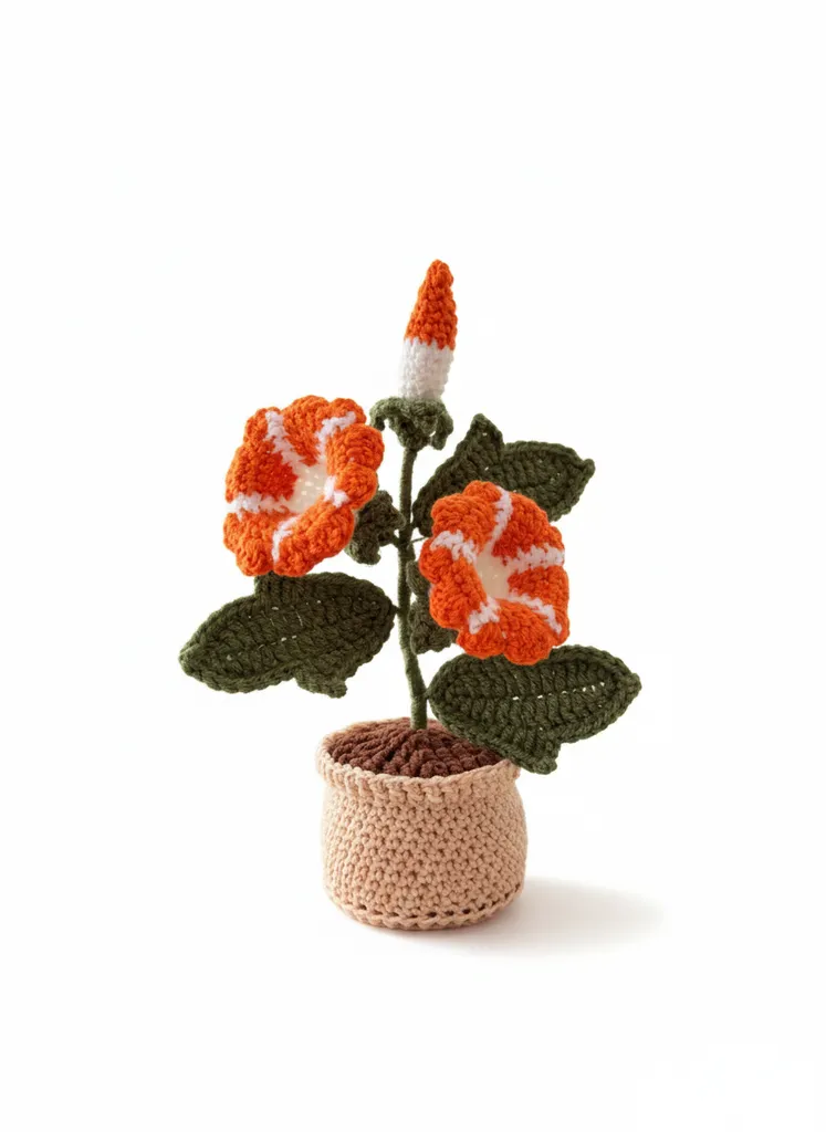 Turuncu Günebakan Amigurumi Çiçek - Örme Saksıda El Emeği Dekoratif