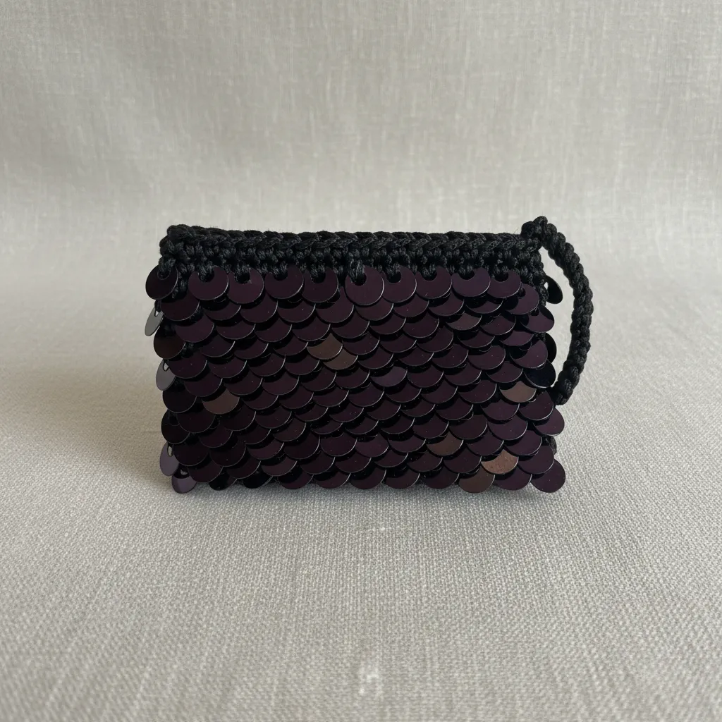 Siyah Makrome İpli Mor Pullu El Örgüsü Bozuk Para Cüzdanı