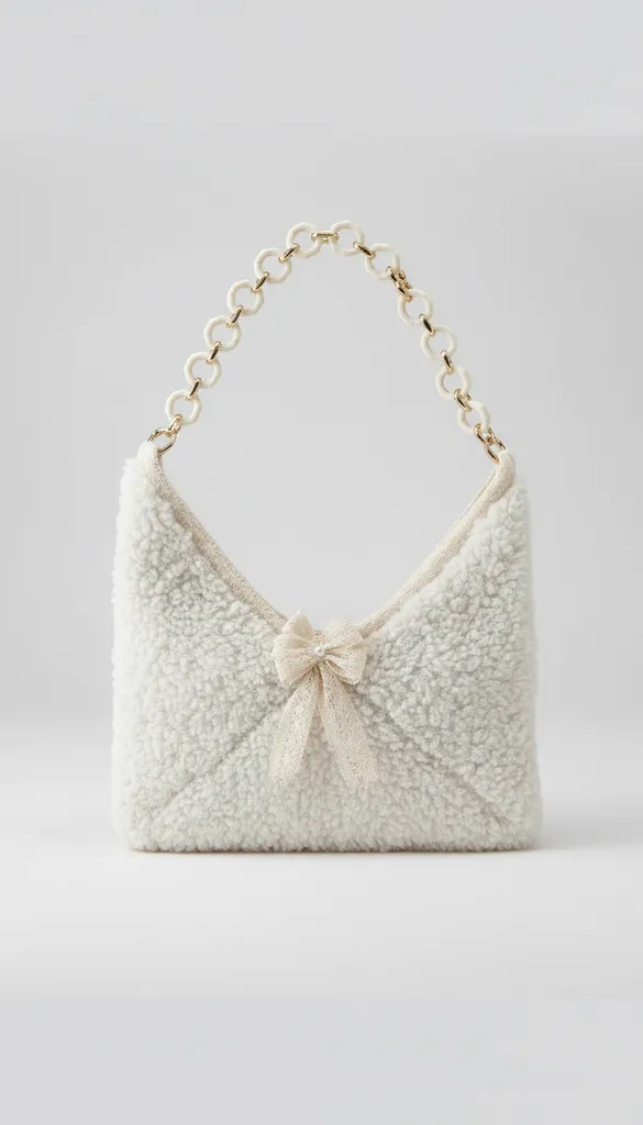 Krem Rengi Tüylü Omuz Çantası - Zincir Detaylı ve Fiyonklu Tasarım