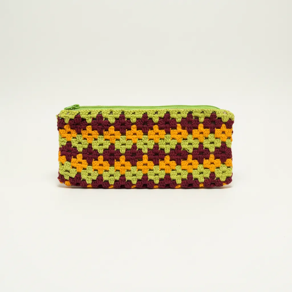 Yeşil, Turuncu ve Bordo Renkli El Örgüsü Fermuarlı Cüzdan