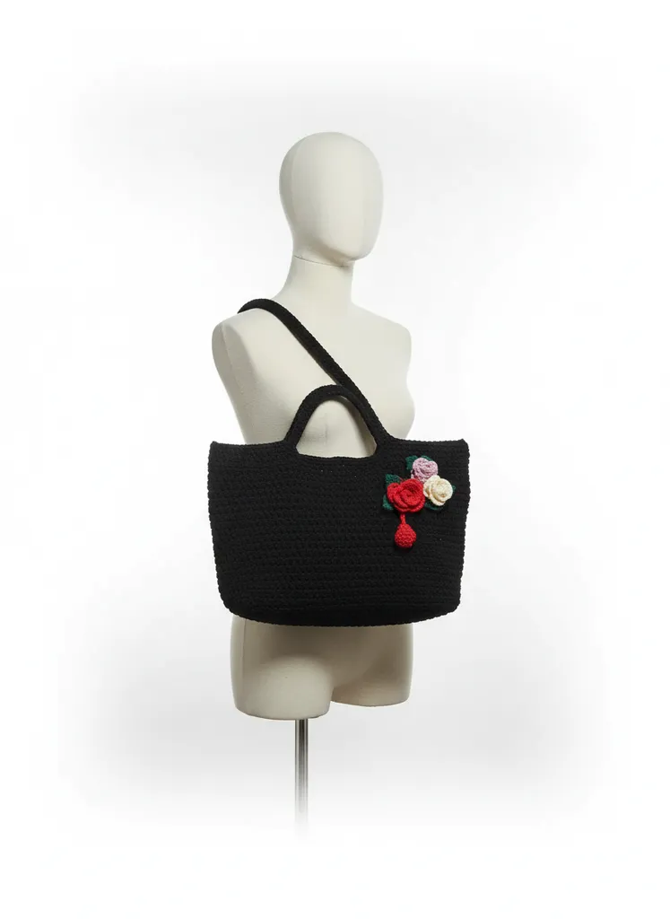 Siyah Örgü Bayan Omuz Çantası - Çiçek Detaylı El Yapımı