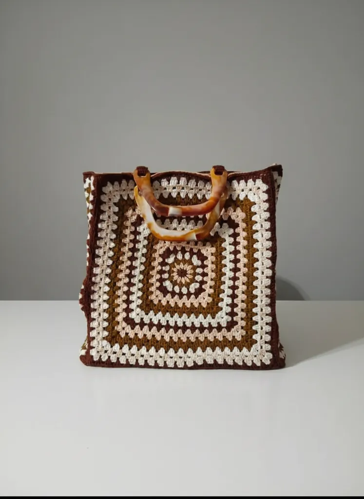Kahverengi Tonlarında Motifli Örgü Çanta - Koton İplik - El Emeği