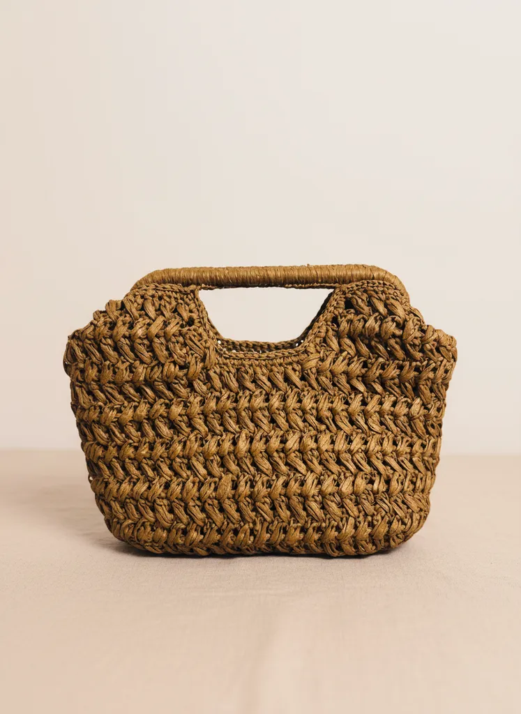 Kahve Tonlarında Örme Rafya İp Omuz Çantası - El Yapımı