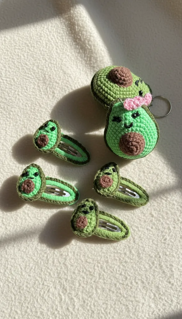 Tığ İşi Avokado Anahtarlık ve Çıt Çıt Toka Seti - El Yapımı