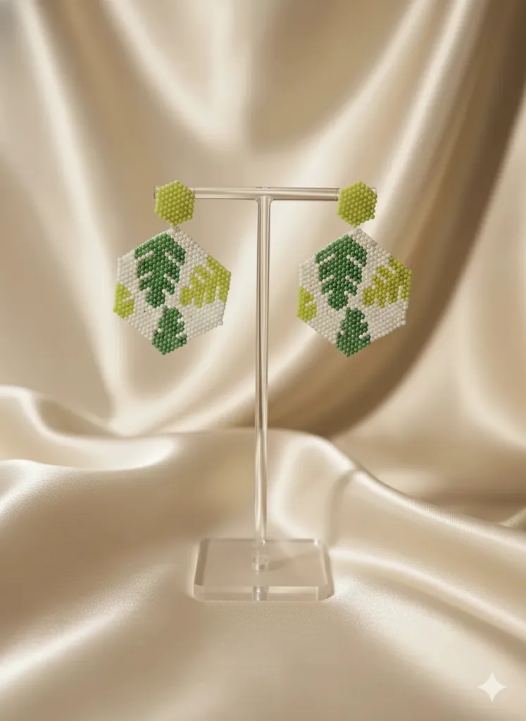 Miyuki Boncuk Yaprak Desenli Beşgen Küpe - El Emeği