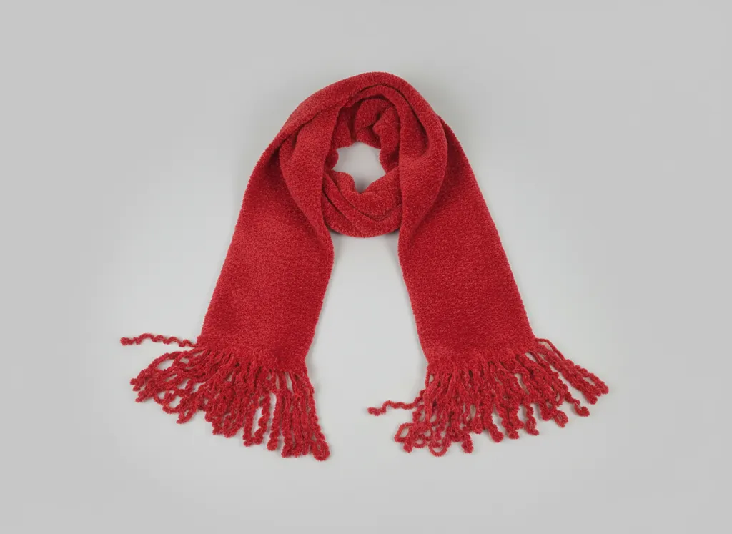 Kırmızı Yumuşak Doku  Örme Atkı - El Yapımı, Şık Tasarım, Püsküllü