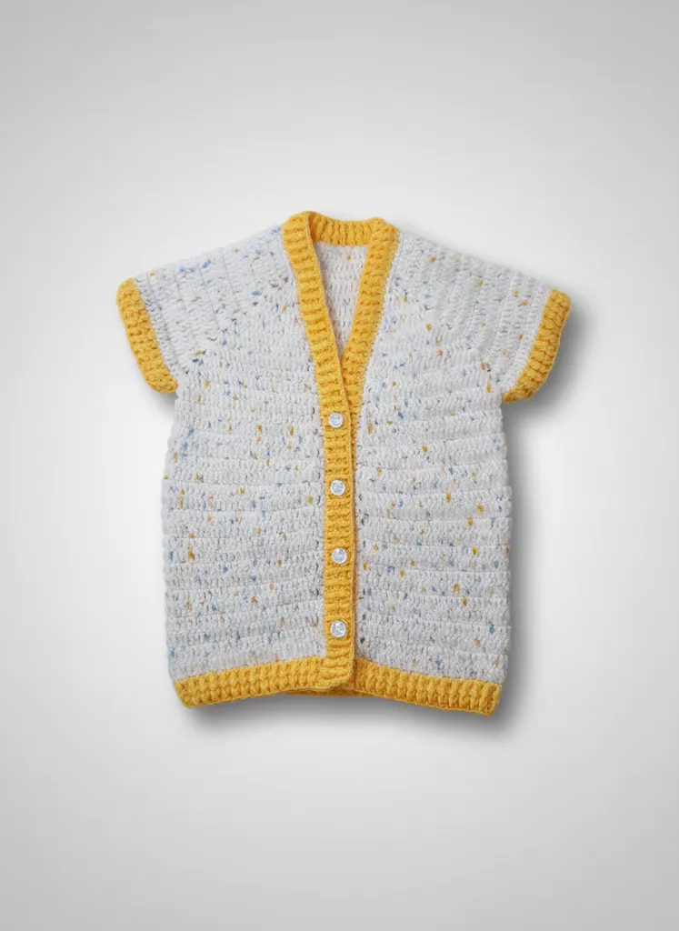 Sarı Detaylı Beyaz Örgü Bebek Yeleği - Tığ İşi El Emeği