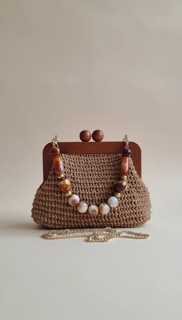 Kahverengi Makrome Portföy Çanta Ahşap Detaylı ve Boncuklu - El Emeği