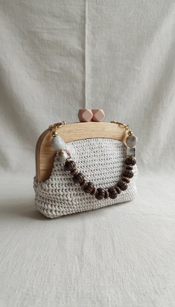 Ahşap Detaylı Örme Portföy Çanta - Boncuklu ve El Yapımı