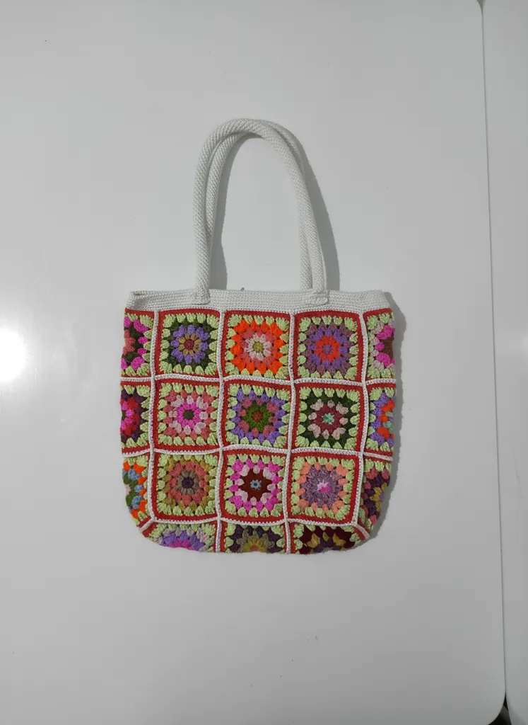 Renkli Motifli Örgü Çanta - Kare Desenli, Pamuk İplikten El Emeği