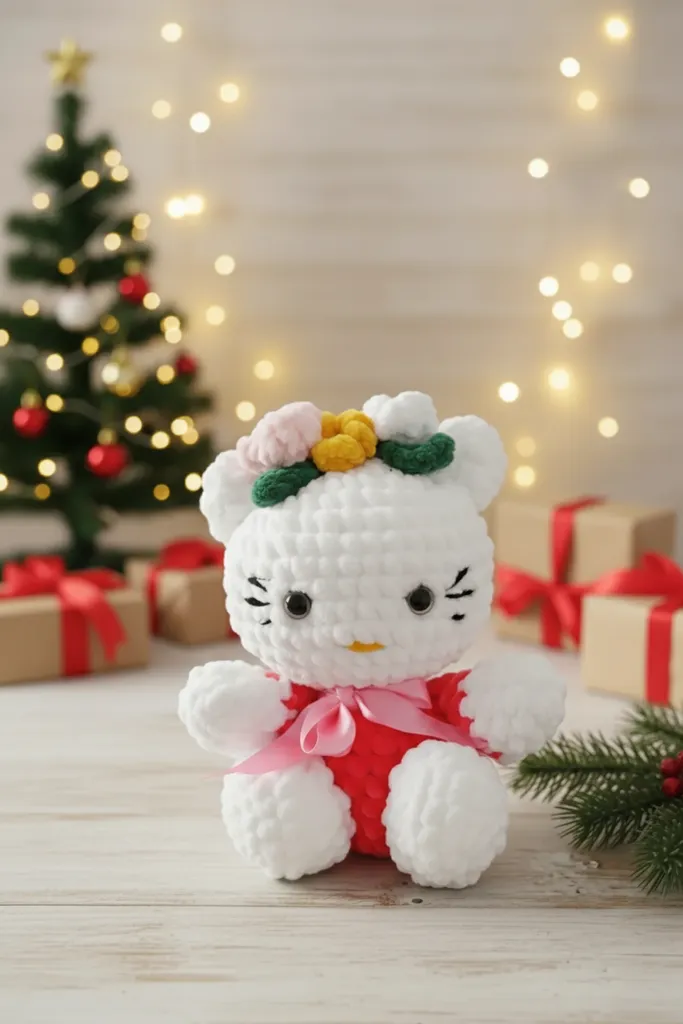 Puf Örgü Sevimli Beyaz Kedicik Oyuncak   Organik Yılbaşı Hediyesi