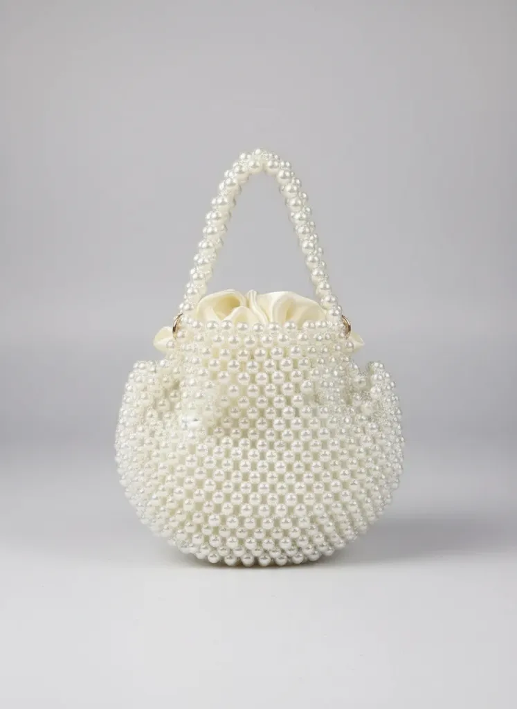 Beyaz İnci Boncuklu Yuvarlak Çanta - 20 cm - El Yapımı