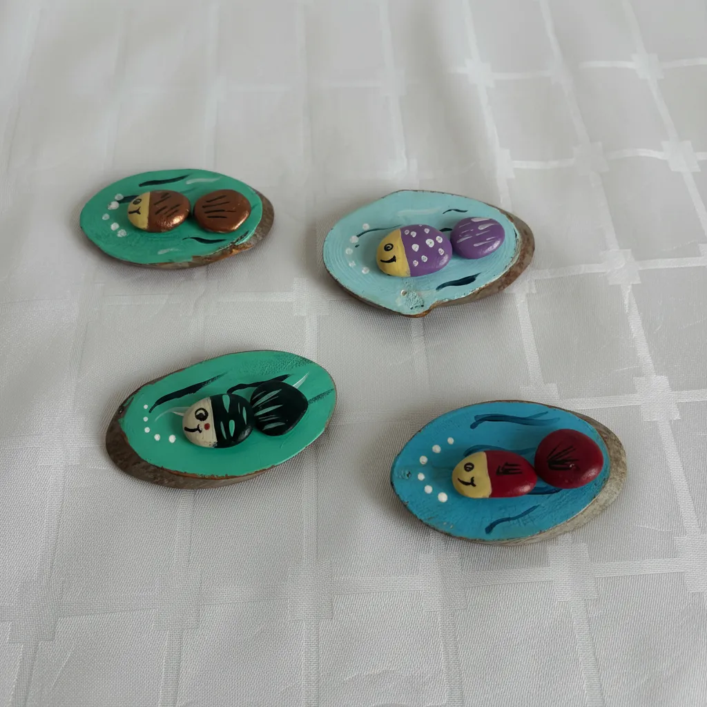 Ahşap Üzeri Taş Boyama Balıklı Magnet - Dekoratif El İşçiliği (4 Adet)