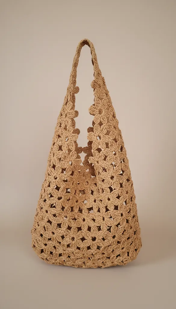 Kahverengi Örgü Çiçek Motifli Omuz Çantası - El Emeği