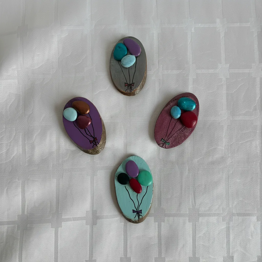 Renkli Taş Detaylı Ahşap Balon Magnet Seti - 4 Adet