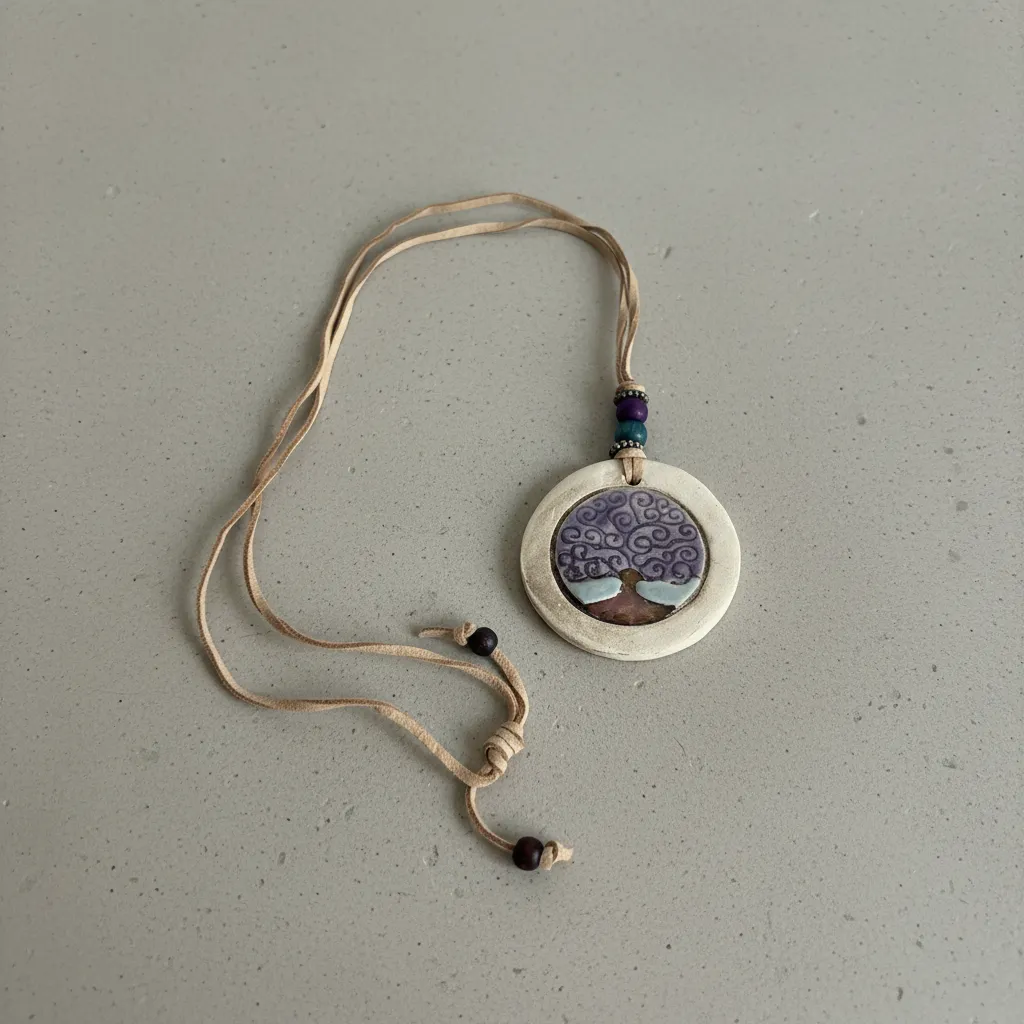 Seramik Hayat Ağacı Kolye - Kahverengi Deri İpli El Yapımı Takı