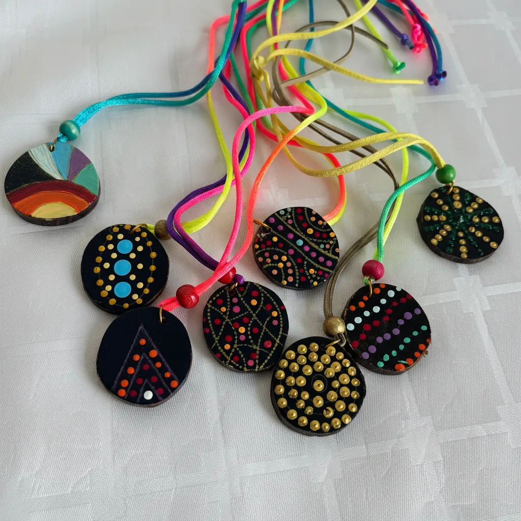 Ahşap Kolye Seti - El Boyaması 8 Adet Renkli ve Nokta Desenli 🎨