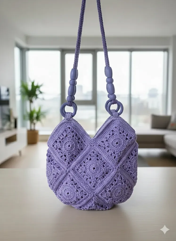 Lila Renkli Makrome Motif Çanta - Astarlı ve Boncuklu Askılı