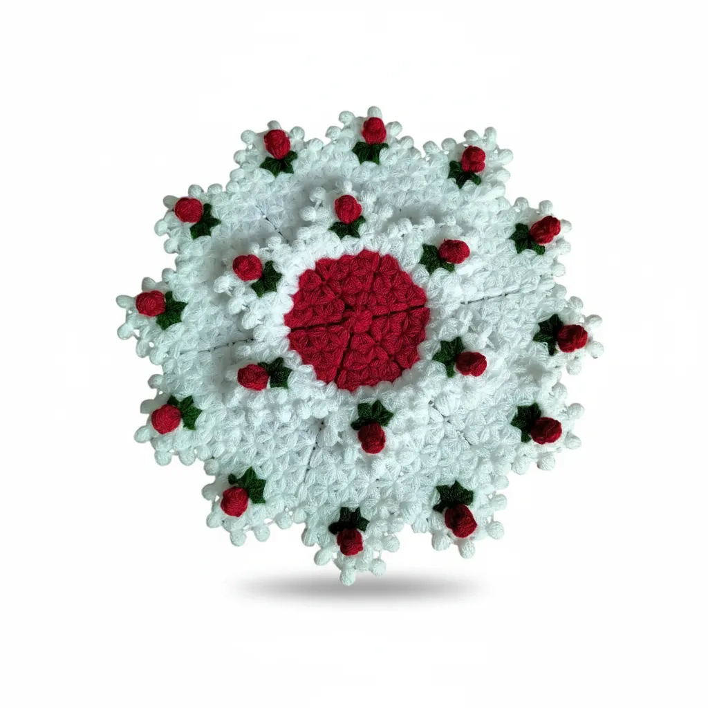 Kırmızı Gül Desenli Beyaz Lif - El Emeği Banyo Kesesi