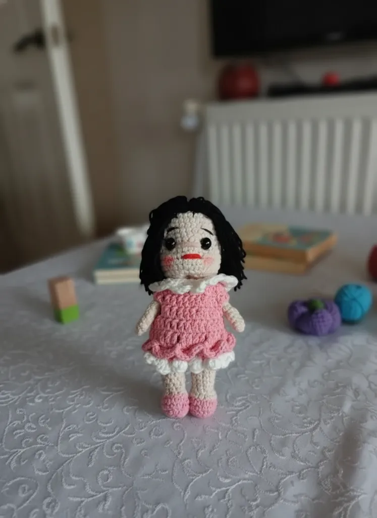 Örgü Bebek Oyuncak - Pembe Elbise ve Siyah Saçlı, El Emeği