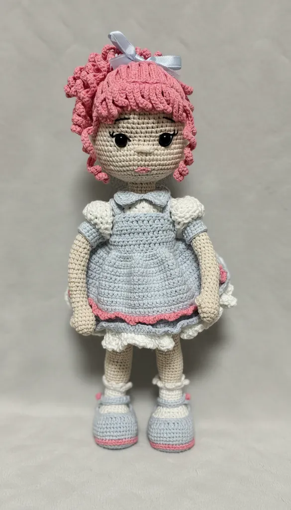 Örgü Bebek - Pembe Saçlı Mavi Elbiseli Amigurumi Oyuncak Bebek