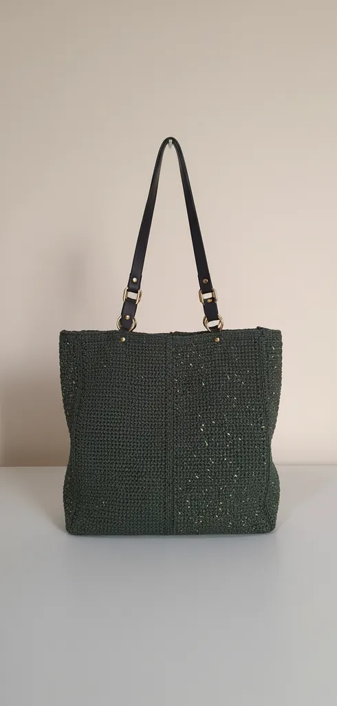 Örme Plaj Çantası - Büyük Boy, Yeşil Renk, Deri Saplı
