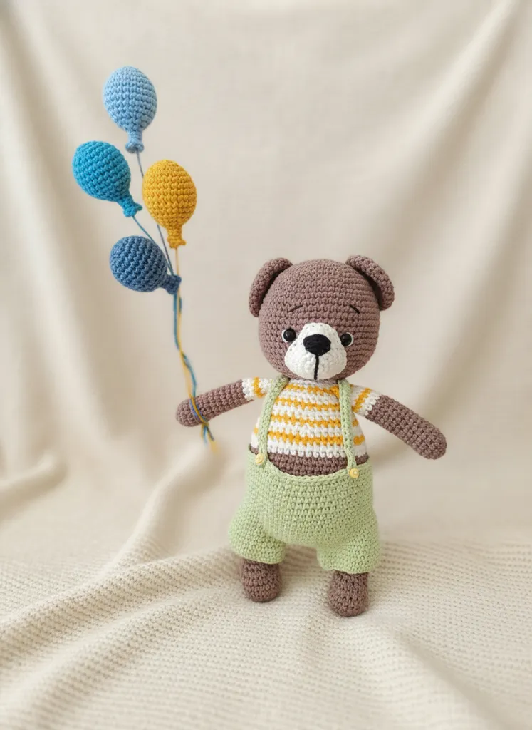 Amigurumi Oyuncak Ayı - Yeşil Tulumlu ve Çizgili Kazaklı