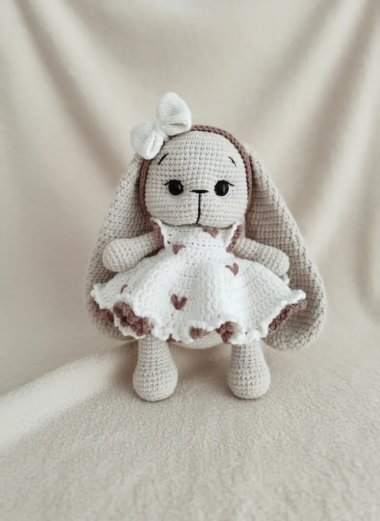 Kahve Tonlarında Kalpli El Yapımı Amigurumi Uzun Kulak Tavşan
