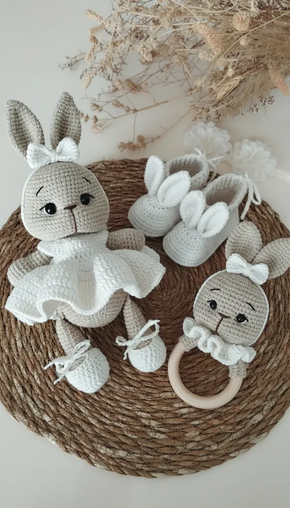 Amigurumi Oyuncak Tavşan Bebek Seti - Beyaz Elbiseli 3'lü