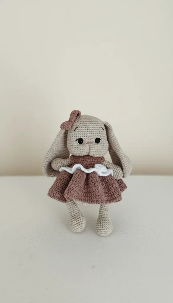 Kahve Elbiseli Amigurumi Tavşan Bebek - Güllü ve El Yapımı